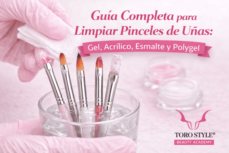 Cómo limpiar pinceles de uñas paso a paso: pinceles de gel, acrílico, esmalte y polygel en proceso de limpieza profesional.