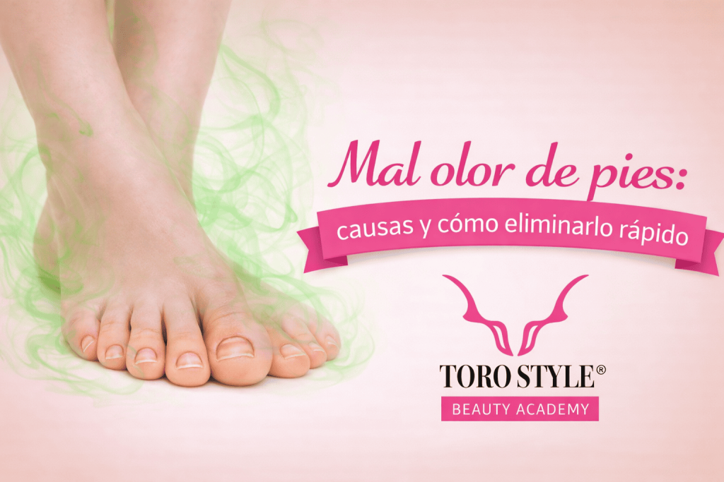Primer plano de dos pies descalzos con un efecto de humo verde que representa mal olor. A la derecha aparece el texto “Mal olor de pies: causas y cómo eliminarlo rápido” sobre una banderola rosa, junto al logotipo de Toro Style Beauty Academy, todo sobre un fondo rosa degradado.