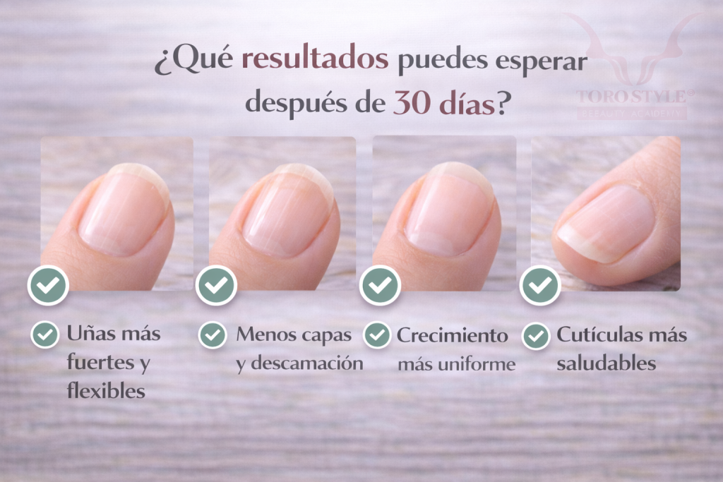 Resultados visibles tras 30 días de recuperación de uñas: uñas más fuertes, crecimiento uniforme y cutículas saludables