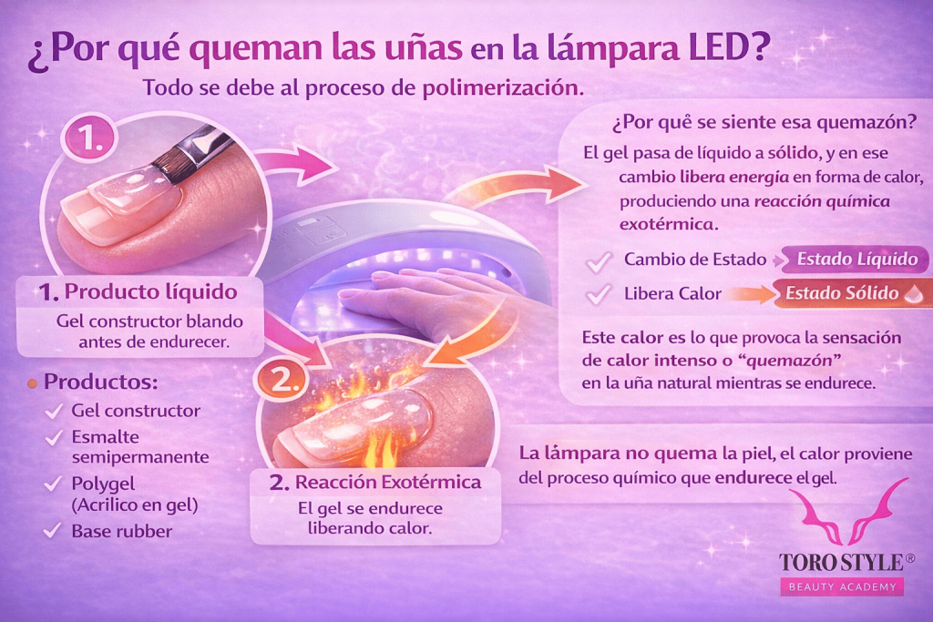 Infografía explicativa sobre por qué queman las uñas en la lámpara LED, mostrando paso a paso la polimerización del gel, la reacción exotérmica y la liberación de calor en uñas de gel, semipermanente y polygel.