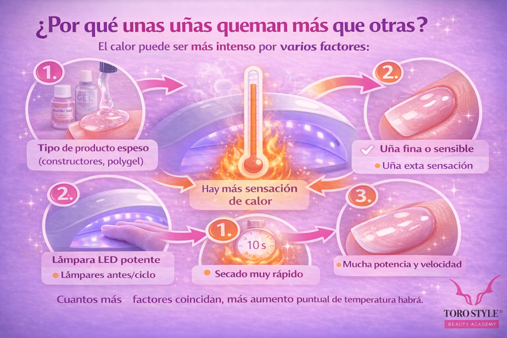 Infografía sobre por qué unas uñas queman más que otras en la lámpara LED, mostrando los factores que aumentan la sensación de calor como el tipo de gel, el grosor del producto, la sensibilidad de la uña, la potencia de la lámpara y la velocidad de curado.