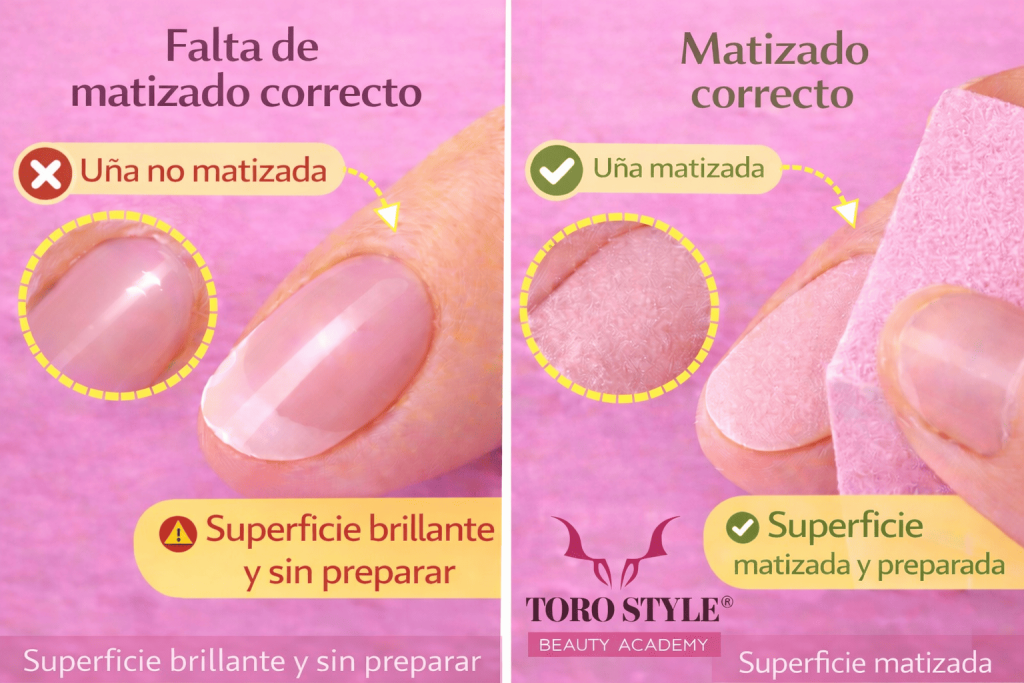 Soporte visual educativo de manicura que compara una uña sin matizar, con la superficie brillante y sin preparación, frente a una uña correctamente matizada y preparada antes de la aplicación del producto.