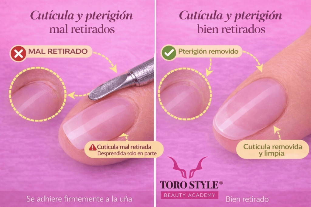 Imagen educativa comparativa de manicura que muestra la diferencia entre cutícula y pterigión mal retirados y cutícula y pterigión correctamente retirados en una uña natural.