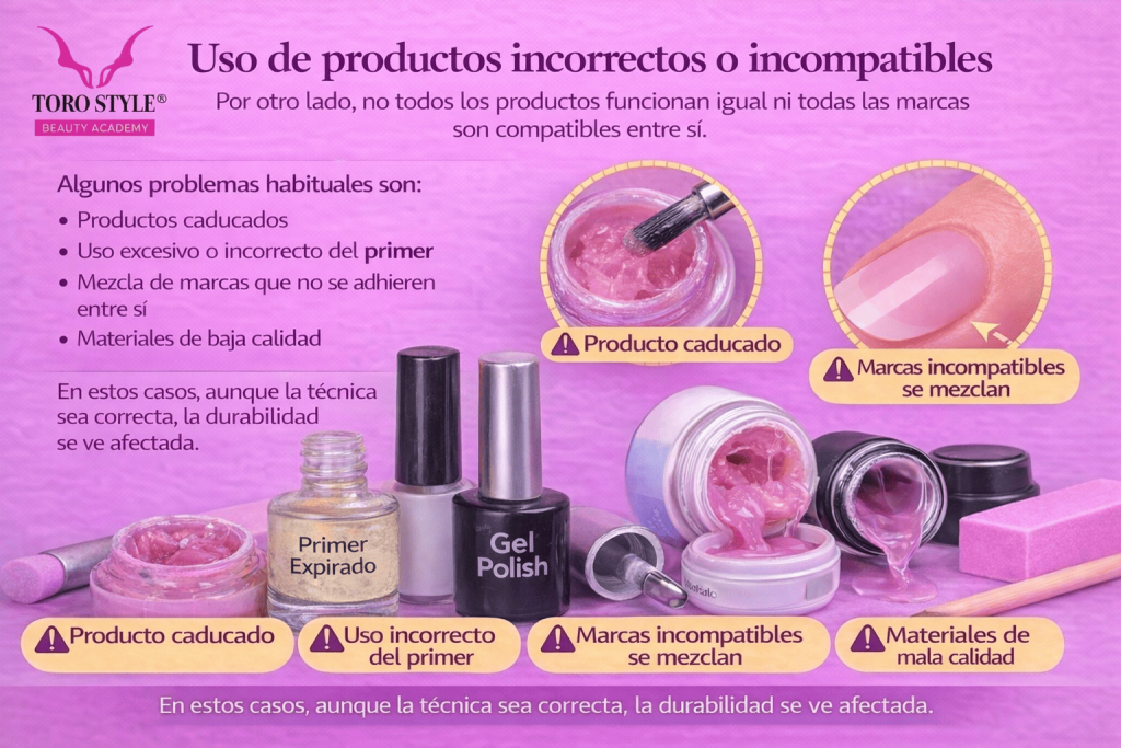 Diagrama ilustrado de manicura profesional que explica los problemas causados por el uso de productos incorrectos o incompatibles, como productos caducados, aplicación inadecuada del primer, mezcla de marcas y materiales de baja calidad, que afectan la durabilidad del trabajo.