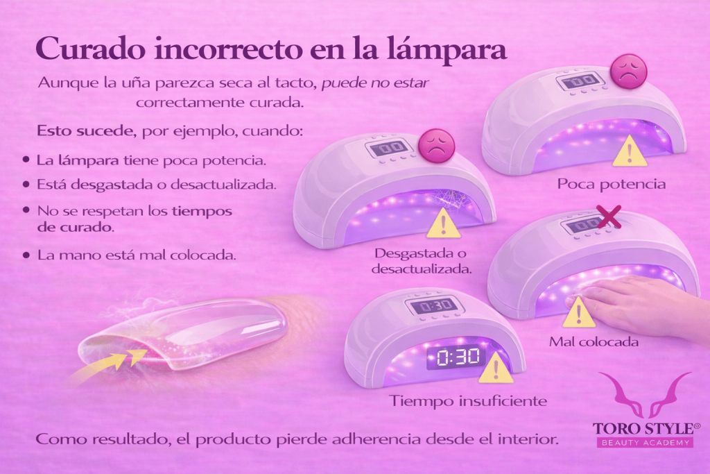 Imagen explicativa sobre el curado incorrecto de uñas en lámpara UV/LED, mostrando errores comunes como baja potencia, lámpara desgastada, tiempo de secado insuficiente y mala colocación de la mano, que provocan pérdida de adherencia del producto.