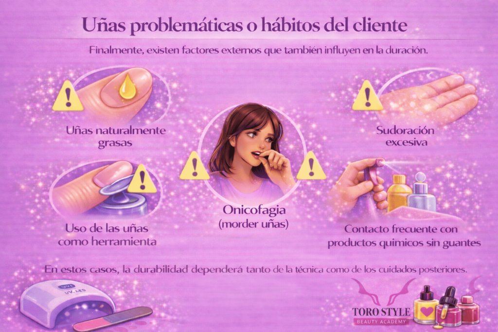 Contenido visual que explica errores sobre uñas problemáticas y hábitos del cliente que afectan la durabilidad de las uñas, como uñas naturalmente grasas, sudoración excesiva, onicofagia, uso de las uñas como herramienta y contacto con productos químicos sin guantes.