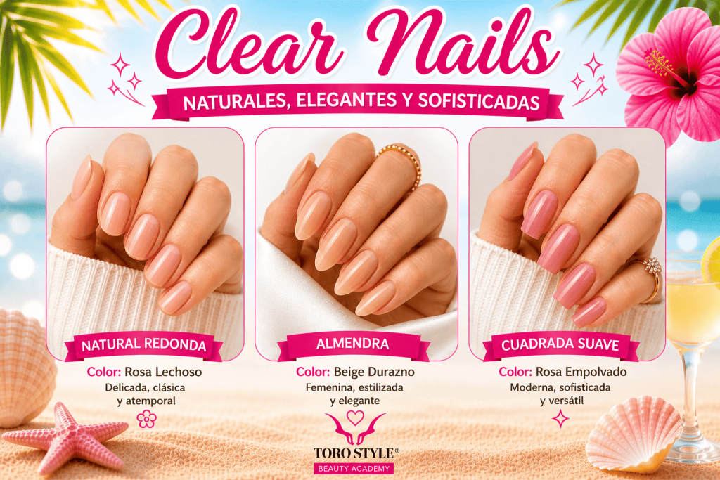 Clear nails 2026 verano: uñas naturales elegantes con formas redonda, almendra y cuadrada suave en tonos rosa lechoso, beige durazno y rosa empolvado