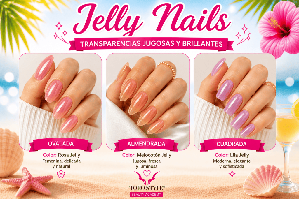 Jelly nails 2026: uñas transparentes y brillantes en tonos rosa, melocotón y lila con formas ovalada, almendrada y cuadrada