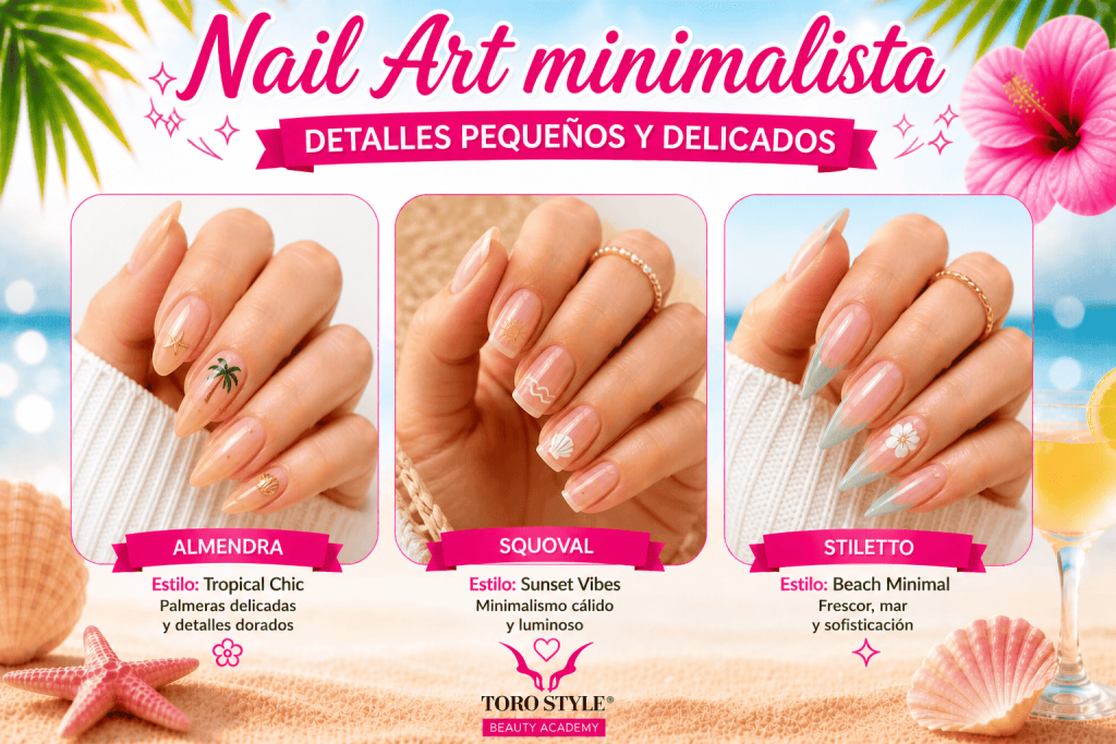 Nail art minimalista 2026 verano con uñas elegantes de detalles pequeños y delicados en estilos almendra, squoval y stiletto con diseños tropicales y naturales
