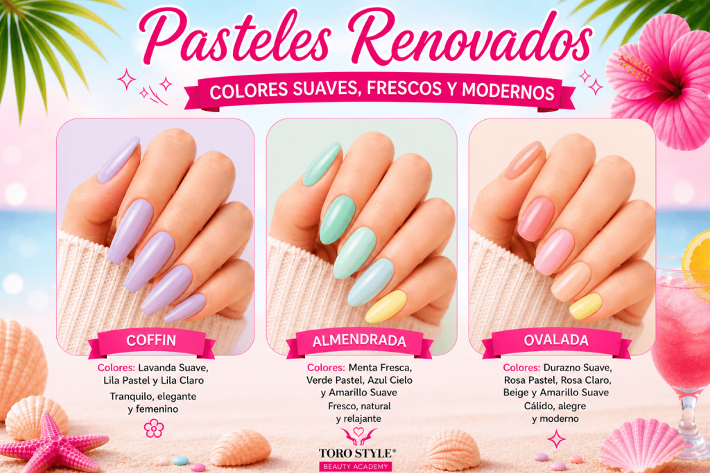 Uñas pastel 2026 verano en tendencia con manicura en tonos suaves lavanda, menta y durazno en formas coffin, almendrada y ovalada