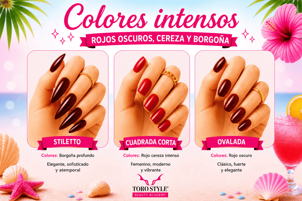 Uñas rojas intensas verano 2026: manicura borgoña, rojo cereza y rojo oscuro en estilos stiletto, cuadrada corta y ovalada