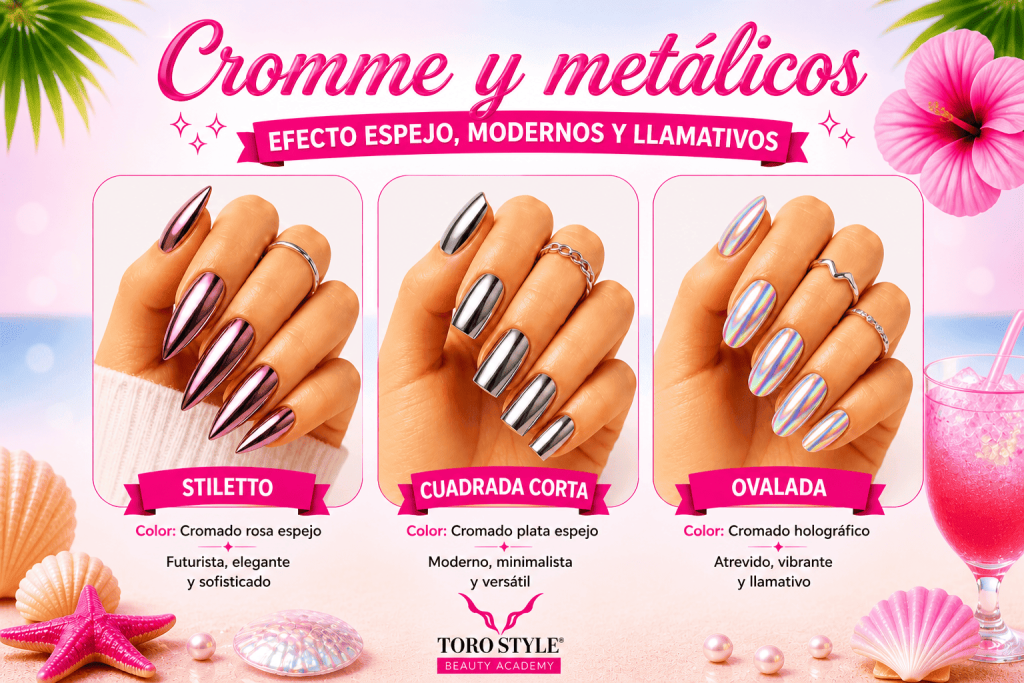 Diseños de uñas cromadas efecto espejo en tonos rosa, plata y holográfico con estilos stiletto, cuadrada corta y ovalada, modernos y llamativos