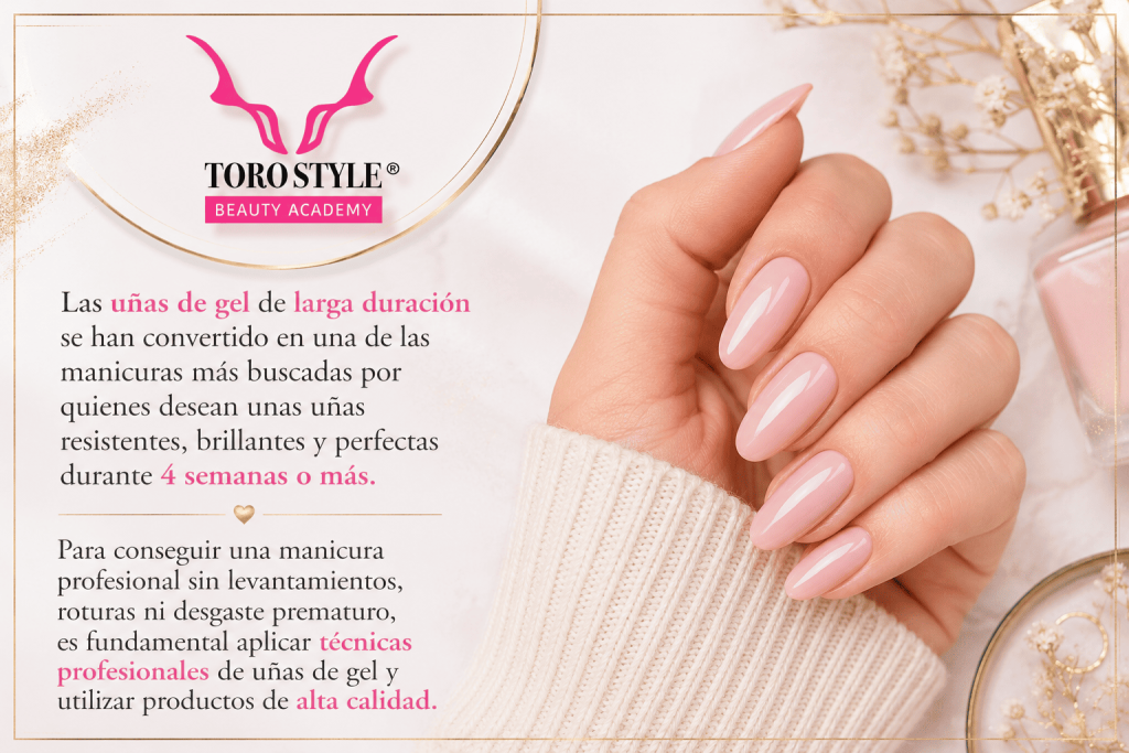 Manicura profesional con acabado brillante y diseño elegante realizado en Toro Style Beauty Academy