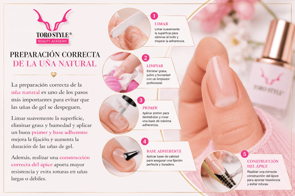 Preparación profesional de la uña natural con primer y base adherente para mejorar la fijación y evitar desprendimientos