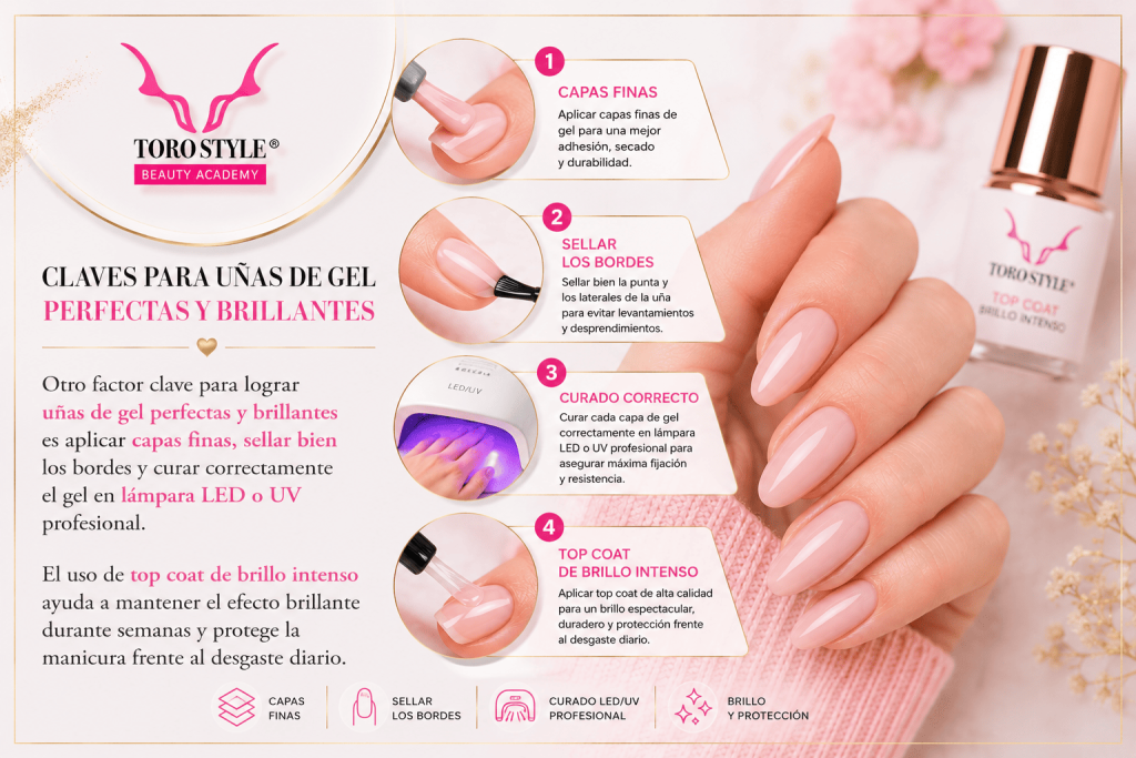 Aplicación profesional de gel UV con sellado de bordes y acabado brillante para una manicura elegante y resistente