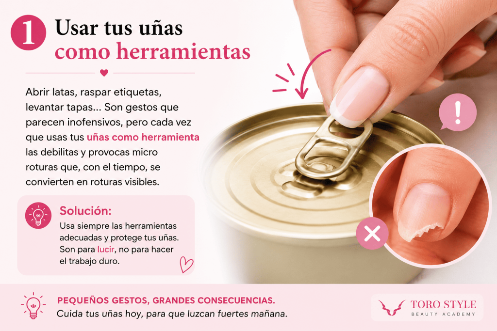 Usar las uñas como herramientas puede debilitarlas y provocar roturas