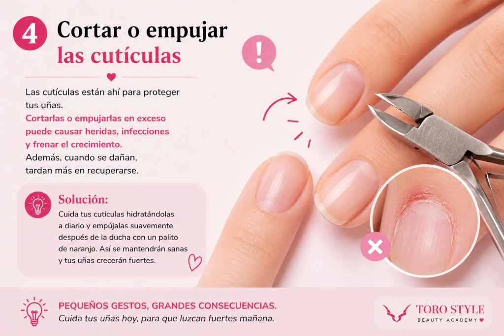 Cortar o empujar las cutículas en exceso puede dañar las uñas
