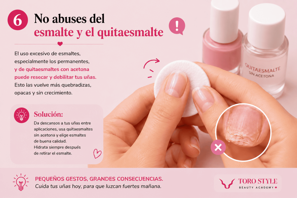 Uso excesivo de esmalte y quitaesmalte que puede resecar y debilitar las uñas