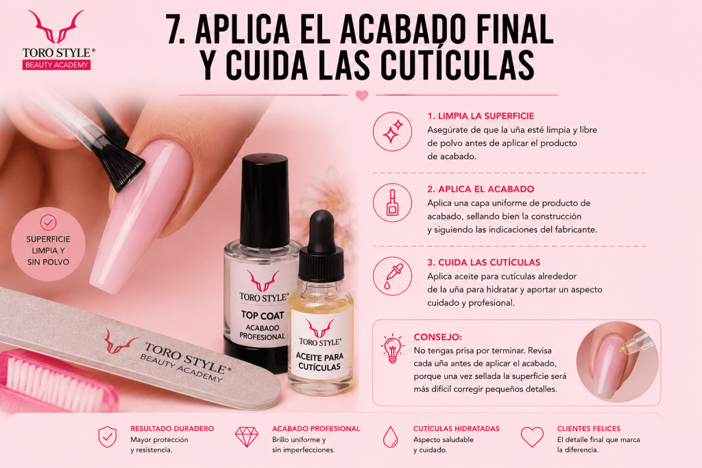 Cómo aplicar el acabado final en uñas acrílicas y cuidar las cutículas: limpieza, top coat y aceite