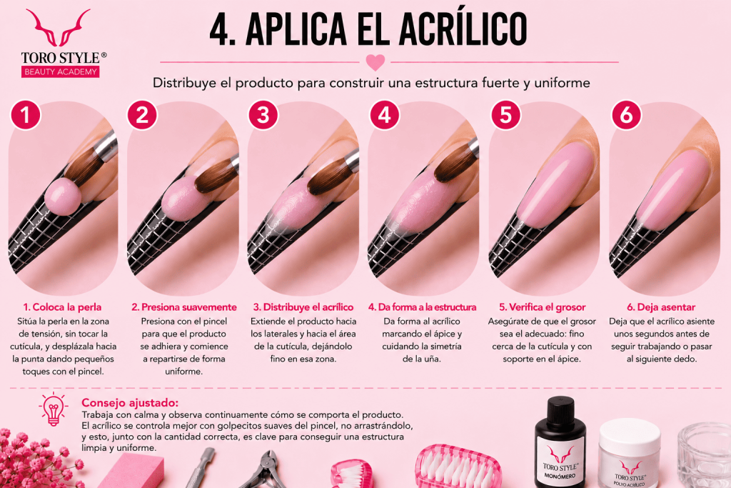 Pasos para aplicar el acrílico: colocar la perla, distribuir el producto y dar forma