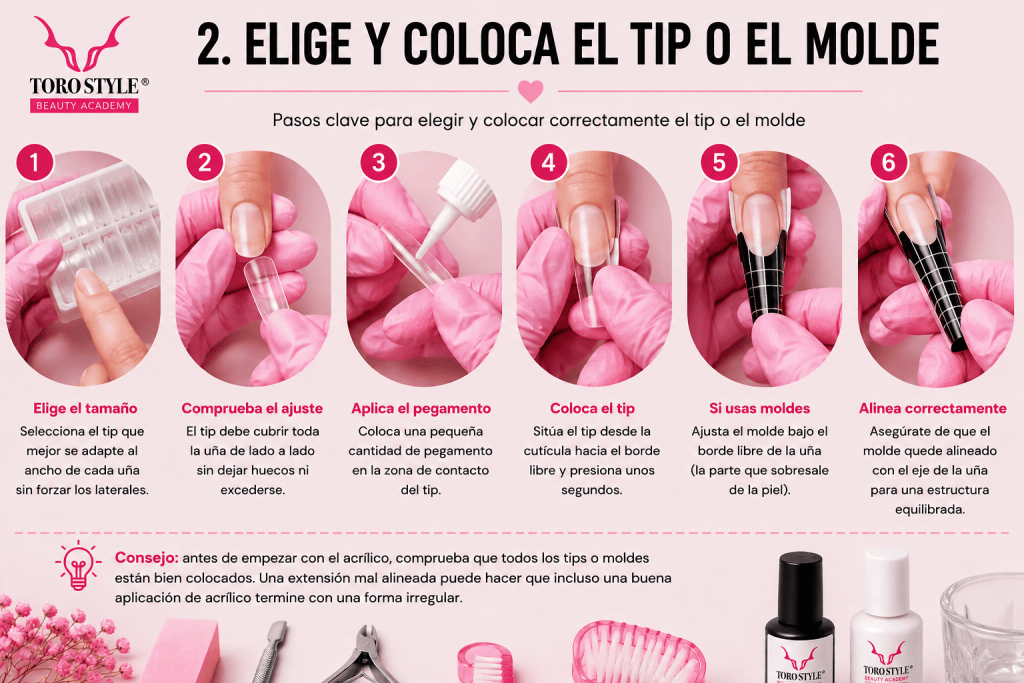 Pasos para elegir y colocar el tip o el molde: tamaño, pegamento y alineación