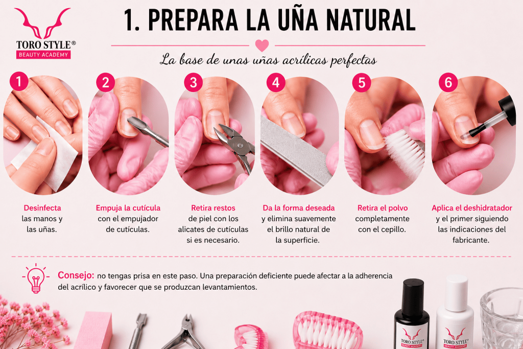 Pasos para preparar la uña natural: desinfección, cutículas, limado y primer