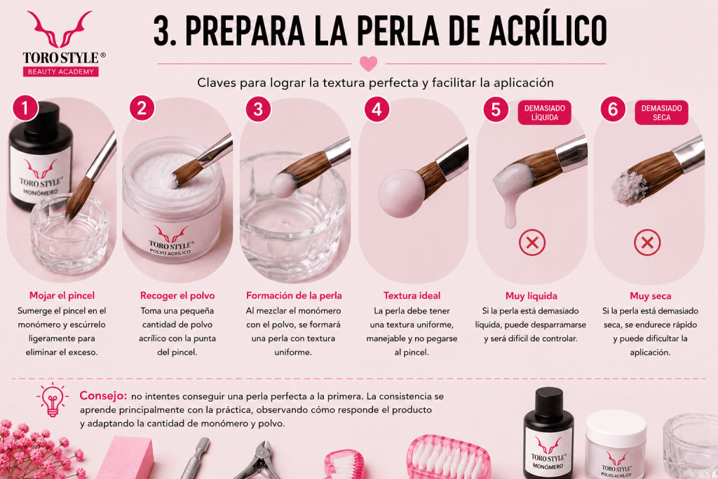 Pasos para preparar la perla de acrílico: mojar el pincel, recoger polvo y lograr la textura ideal